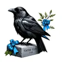 Headstone with black crow perched atop with blue ribbon around it's neck tattoo design idea