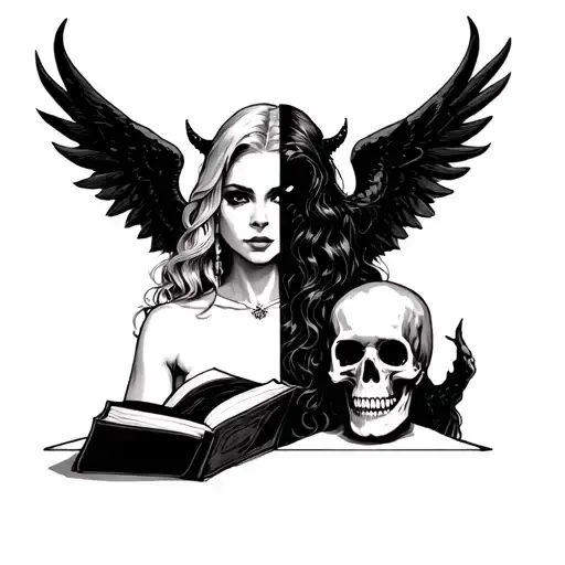 two faced woman half demon half angel holding a book and skull tattoo design idea