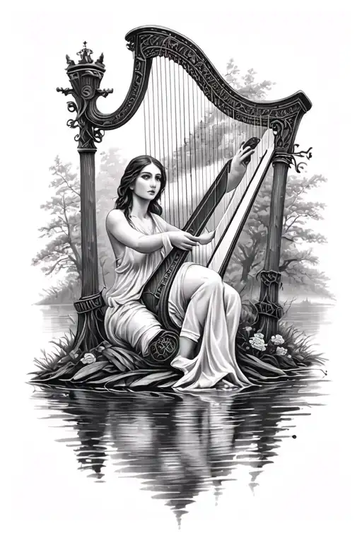 Irish mythology inspired tattoo, lady play the harp by reflecting river, forest, great faminine tattoo design idea
