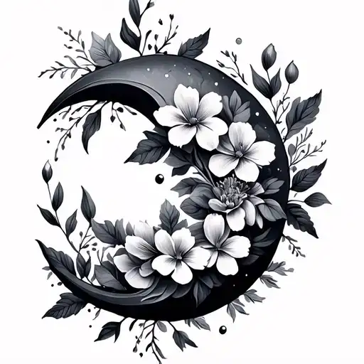 crescent moon with flowers tattoo design idea