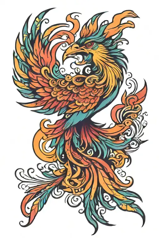 Vibrant Colorful Phoenix bird rising sun tattoo design idea