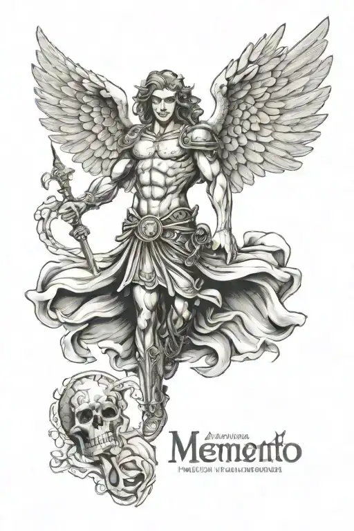 archangel michael surrounded by text "Memento mori" tattoo design idea