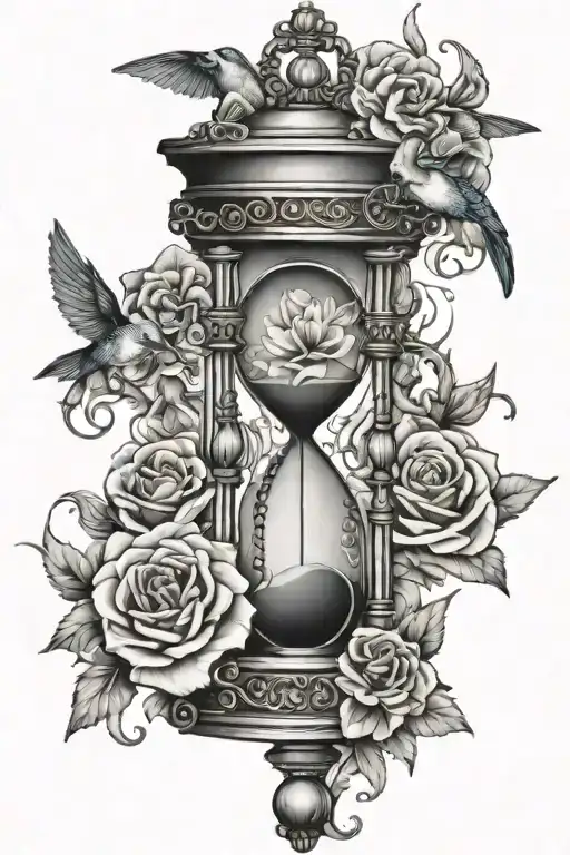 Hourglass, carnations, roses, hummingbirds, pocket watch tattoo design idea