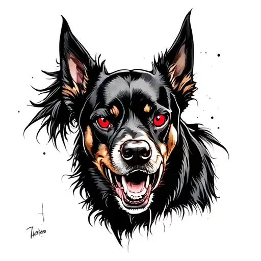 Angry Black dog with rabies with red eyes and a scar on his face  tattoo design idea