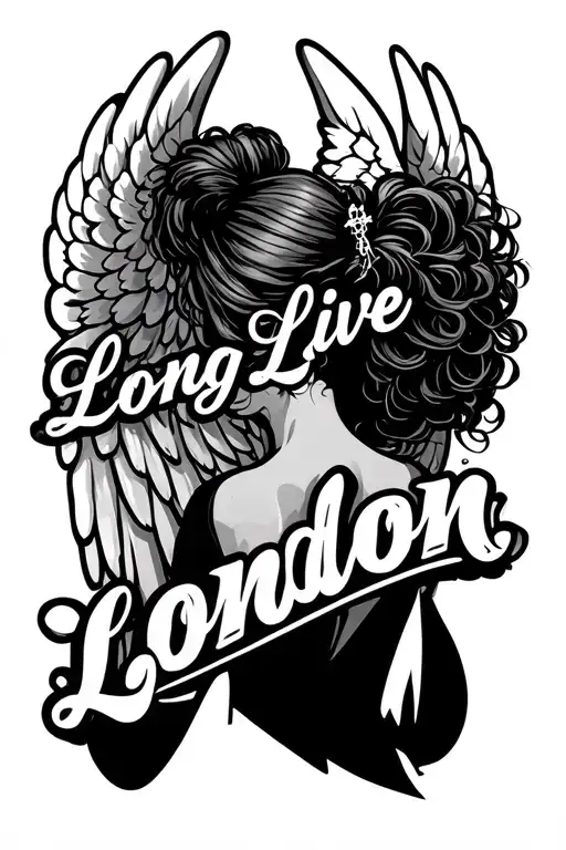 "Long Live London" silhouette of the back of a woman with thick ponytail and angel wings fine line tattoo tattoo design idea