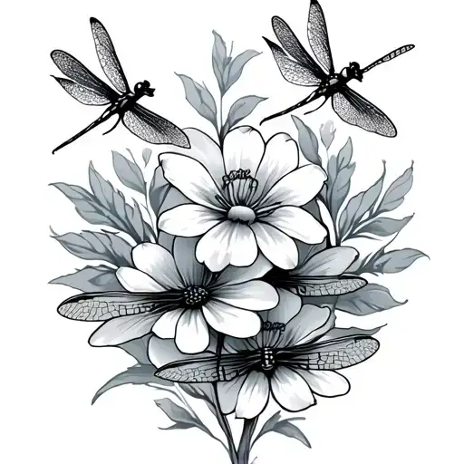 four dragon flies and two flowers  tattoo design idea