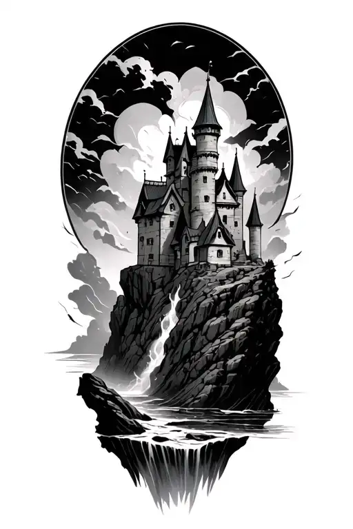 castle on a rock in a storm tattoo design idea