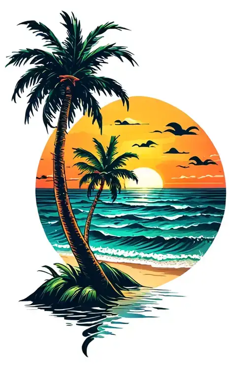 sunset beach scene with palm trees distressed at sides tattoo design idea