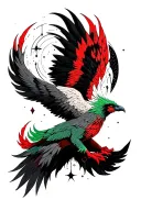 pheonix rising with Aquarius a tiny bit colored green and red and red black constellation surrounded tattoo design idea