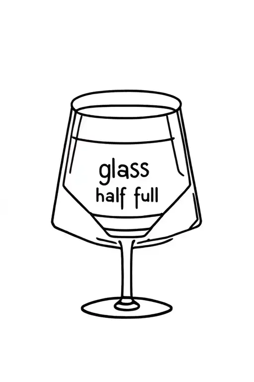 Minimalist line art of a glass with hexagonal base and rounded cup-like sides. with "glass half full" text inside. tattoo design idea