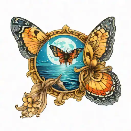 A colorful moth flying under a full moon in a serene ocean setting tattoo design idea