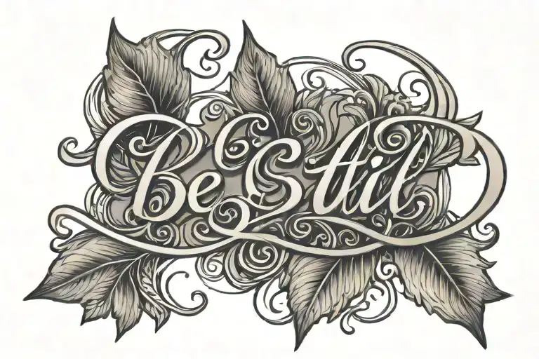 Be Still script above a half ichthus symbol tattoo design idea