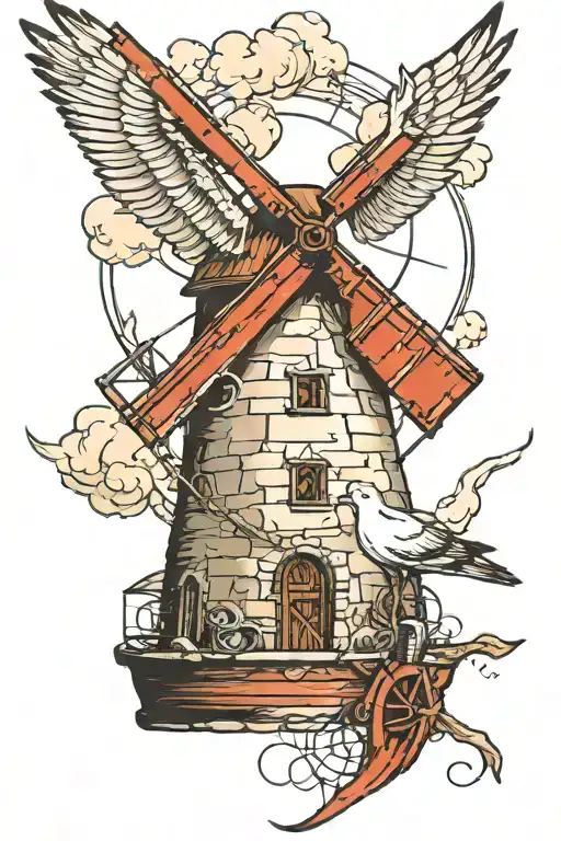 old windmill seagull carrying anchor tattoo design idea