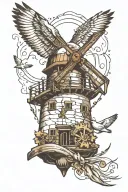 old windmill seagull carrying anchor tattoo design idea