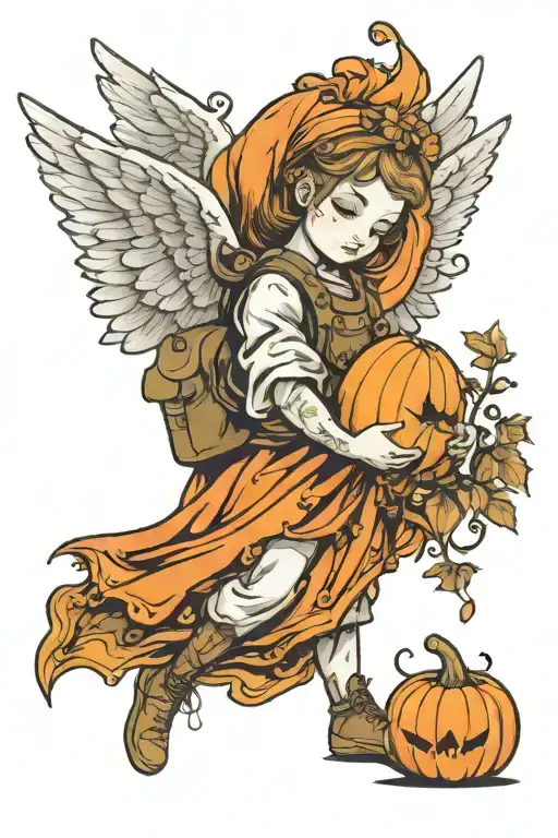 soldier that is an angel holding a baby pumpkin  tattoo design idea