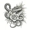 two snakes faced opposite direction, flowers around tattoo design idea