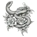 two snakes faced opposite direction, flowers around tattoo design idea