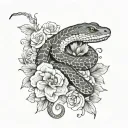 two snakes faced opposite direction, flowers around tattoo design idea