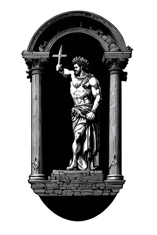 Roman colosseum background with pillars and ares the god of war tattoo design idea