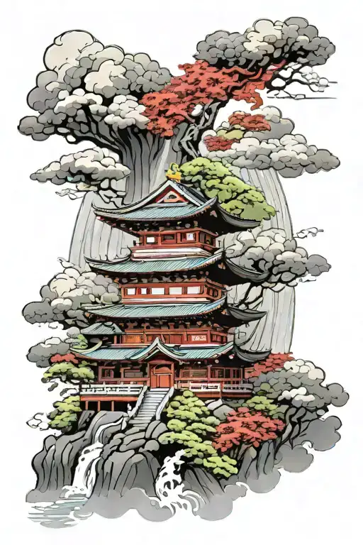 High resolution japanese temple standing on clouds  with waterfall flowing using black, grey white red and green  tattoo design idea