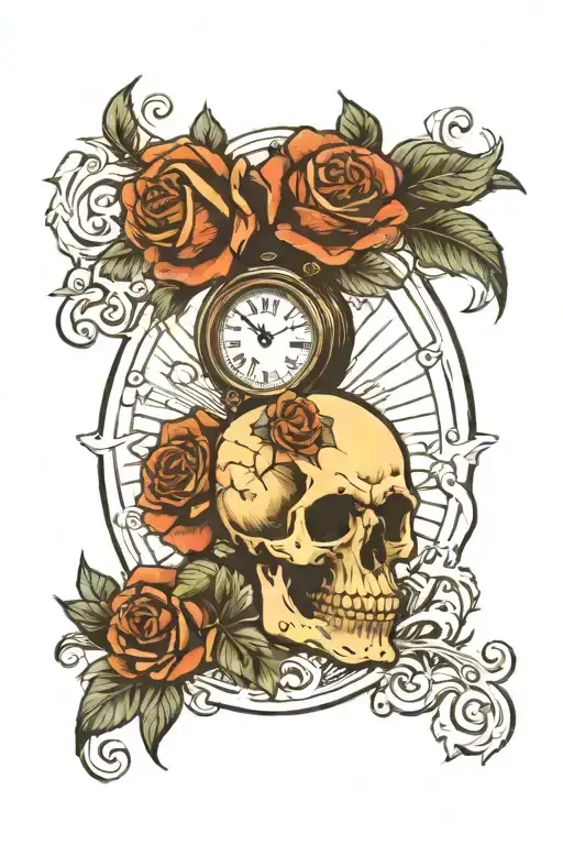 skull and roses and clock face tattoo design idea