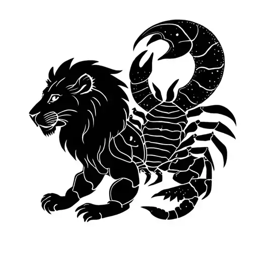 Make me a lion and a scorpion that are friends in a traditional neo style, lion linked to the sun and scorpion to the moon tattoo design idea