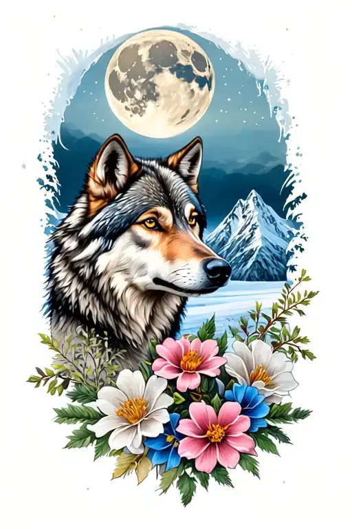 "Independence" Wolf Moon Flowers Mountains Snow  tattoo design idea