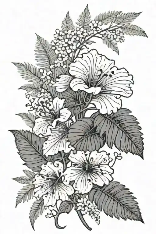 grayscale floral side and front leg tattoo with fern and ginkgo accents tattoo design idea