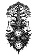 gothic tree of life intertwined with v-twin motor, libra scales and a clock tattoo design idea