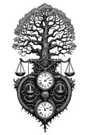 gothic tree of life intertwined with v-twin motor, libra scales and a clock tattoo design idea