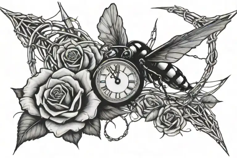 black widow and rose and clock and barbed wire  tattoo design idea