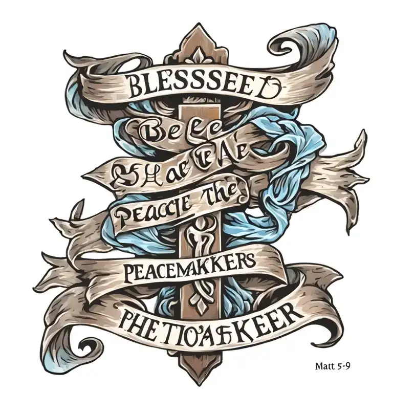 Cross with ""Blessed are the peacemakers" written on a blue sash/ribbon draped on the cross.  Mat 5:9 written underneath tattoo design idea