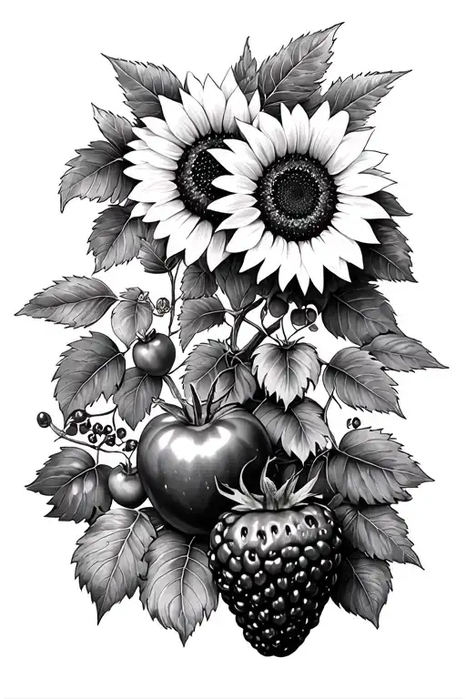 Strawberries,blackberries, sunflowers, beans on the vine, possibly cherry tomato branch, and I’d love to add herbs, but  tattoo design idea