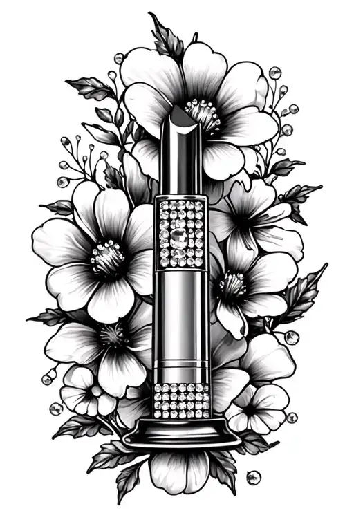 rhinestone tube of lipstick as a balancing scale with cosmo flowers around it tattoo design idea
