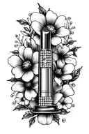 rhinestone tube of lipstick as a balancing scale with cosmo flowers around it tattoo design idea