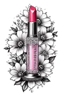 rhinestone tube of lipstick as a balancing scale with cosmo flowers around it tattoo design idea