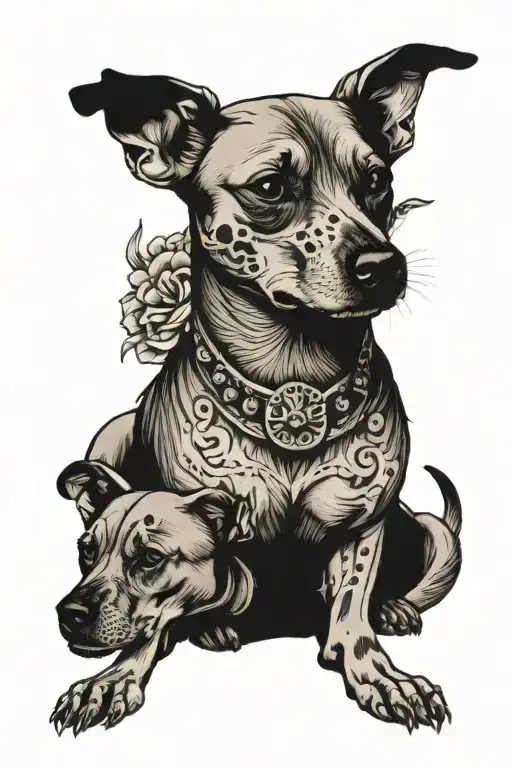 xoloitzcuintli dog with skulls facing each other tattoo design idea