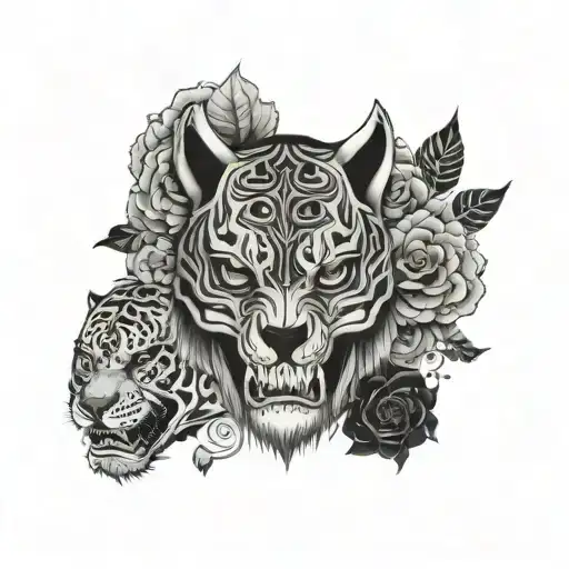 Men mandala leg sleeve with mexican skull and tiger in it tattoo design idea