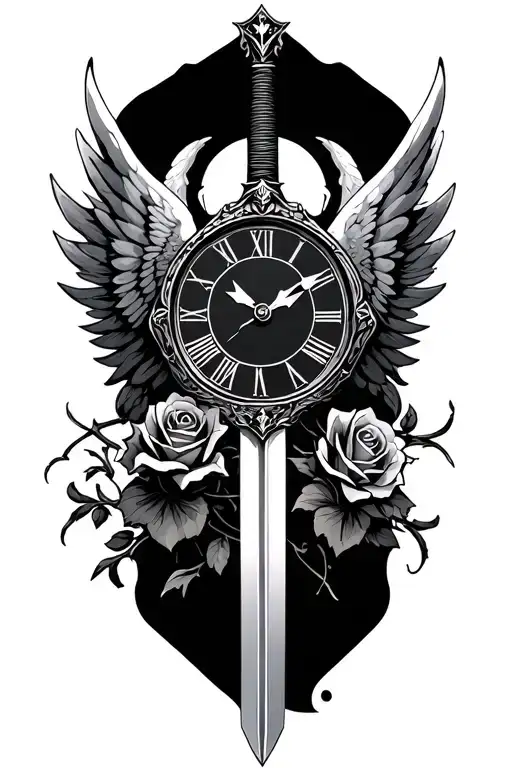 wings spread rose knight sword love clock  tattoo design idea