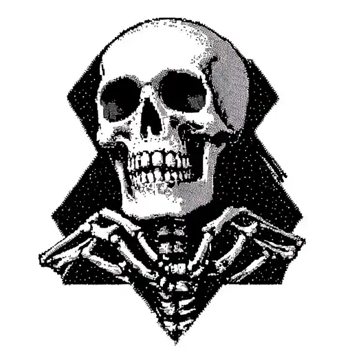 A skeleton cross stitching a scene from a classic theatre play tattoo design idea