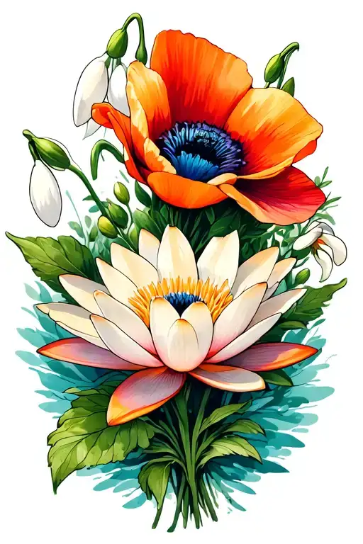 bouquet waterlily, snowdrop flower, honeysuckle, and poppy  tattoo design idea