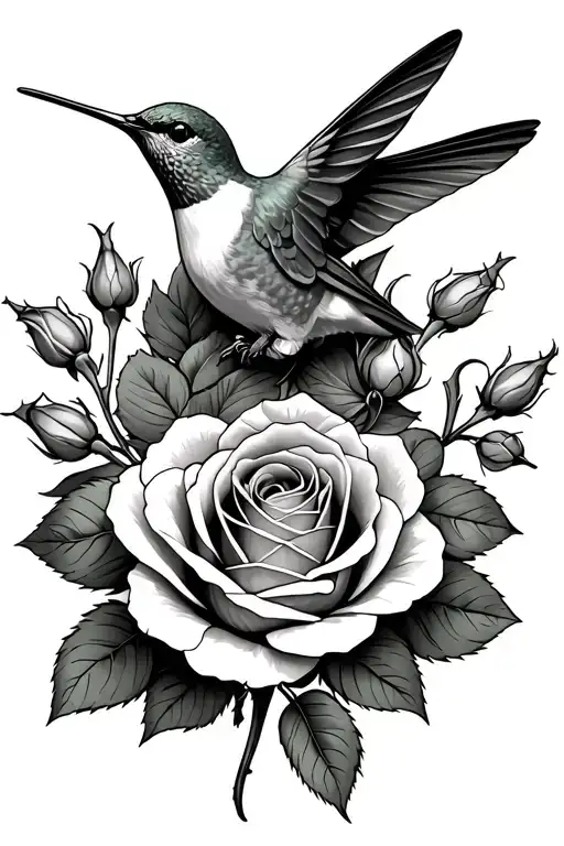 hummingbird eating out of a rose with roses and rose buds around knee cap tattoo design idea