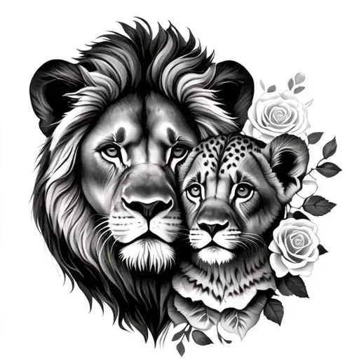 lion and cub faces with roses represet father and daughter tattoo design idea
