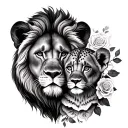 lion and cub faces with roses represet father and daughter tattoo design idea