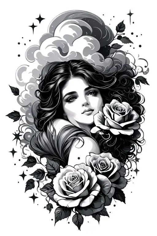 clouds with stars and roses  tattoo design idea