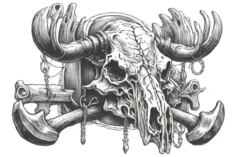 moose skull with crossed sledge hammer and double bit axe tattoo design idea