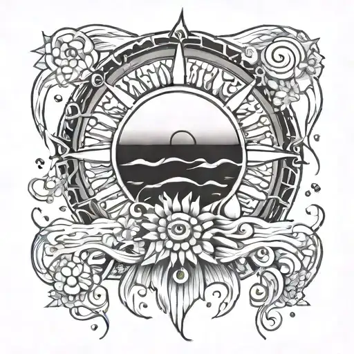 a sun in the middle with the heat rays and a moon off to the side with stars and ocean waves at the bottom with flowers  tattoo design idea
