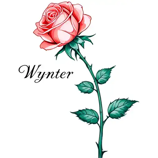 thin rose sillouette with the name "Wynter" in the stem  tattoo design idea