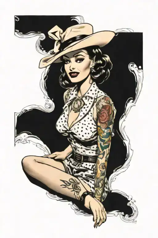 Consider a pin-up girl with a vintage flair, exuding a similar charm and elegance. Ensure her pose is playful yet confi tattoo design idea