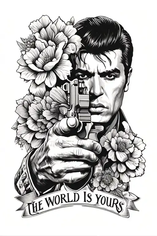 Scarface "The world is yours" tony montana with a gun in hands without flower tattoo design idea